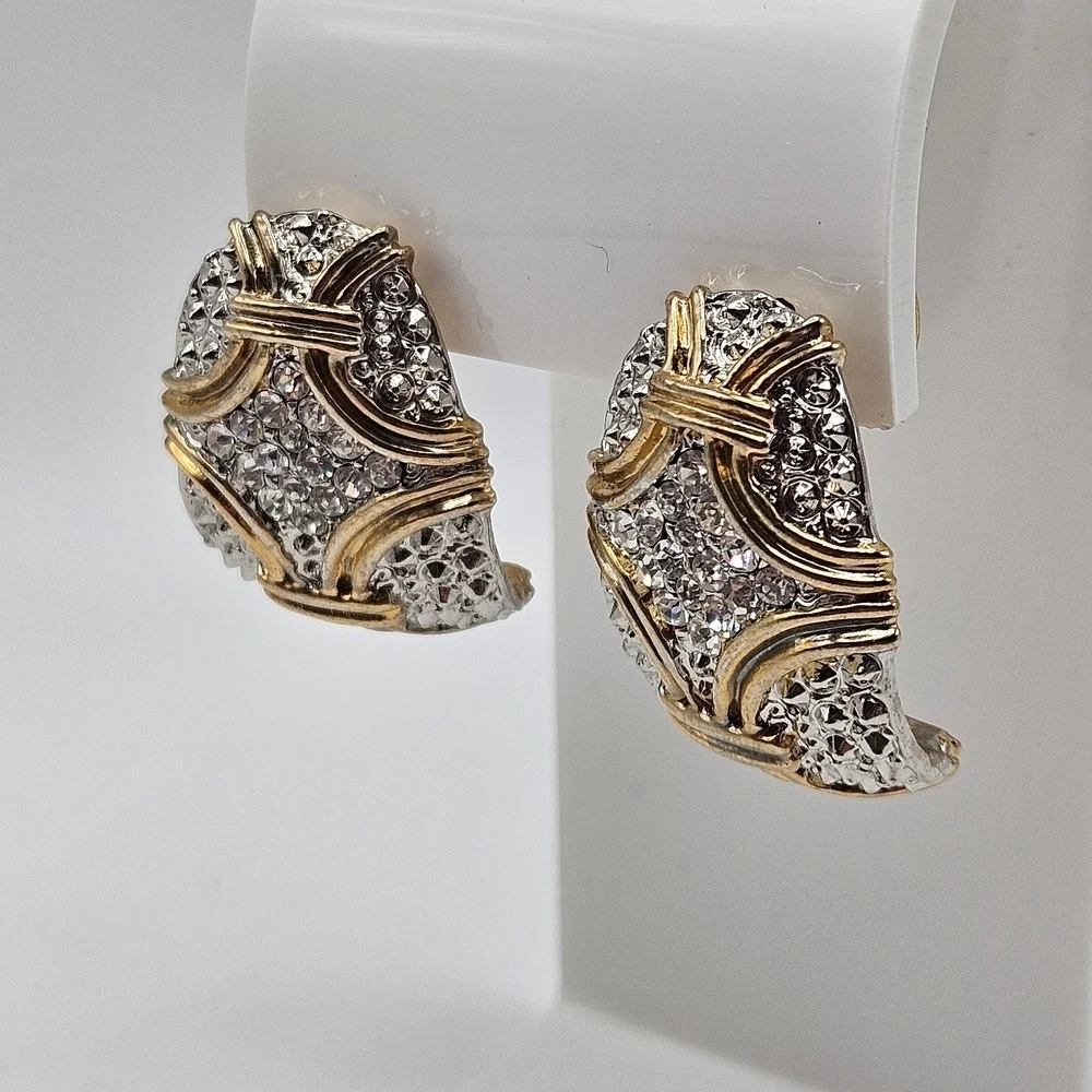 VINTAGE Art Deco Elegant Silver and Gold Tone Rhinestone Detail Curved Earrings